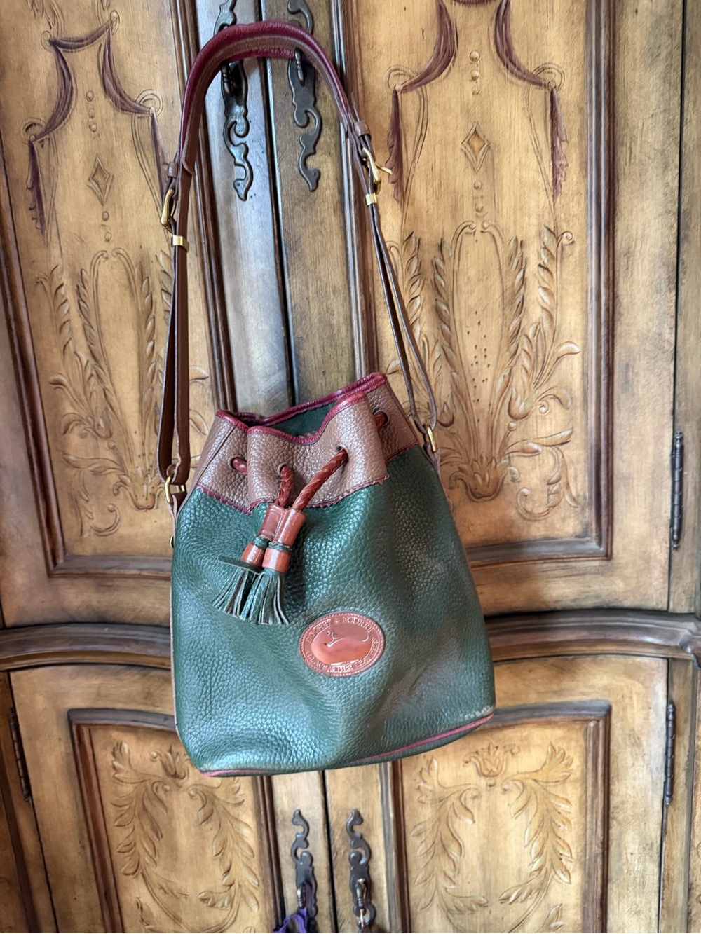 Dooney & Bourke Green and Brown Leather Drawstring Hobo